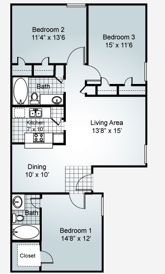 2 Bedroom 1 Bathroom 247 floor plan